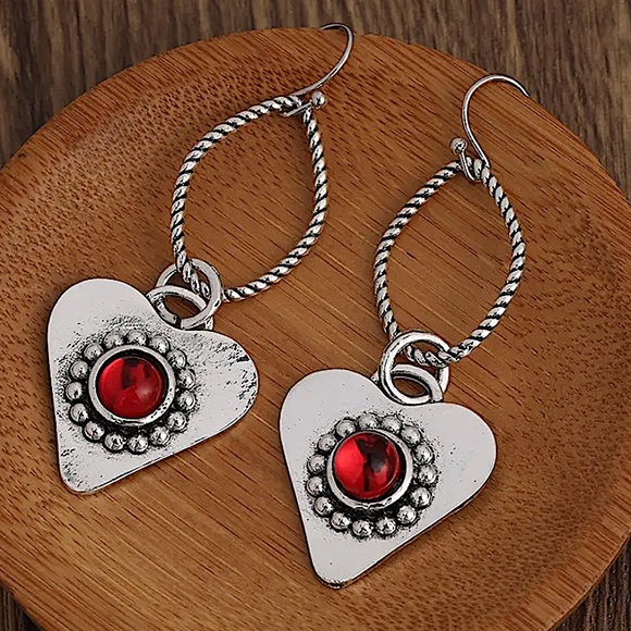 Silver Heart Boho Dangle Earrings - Picture 2 of 6